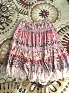 Phool India 100% Cotton Boho Tiered Maxi Skirt M – Pink Floral Patchwork